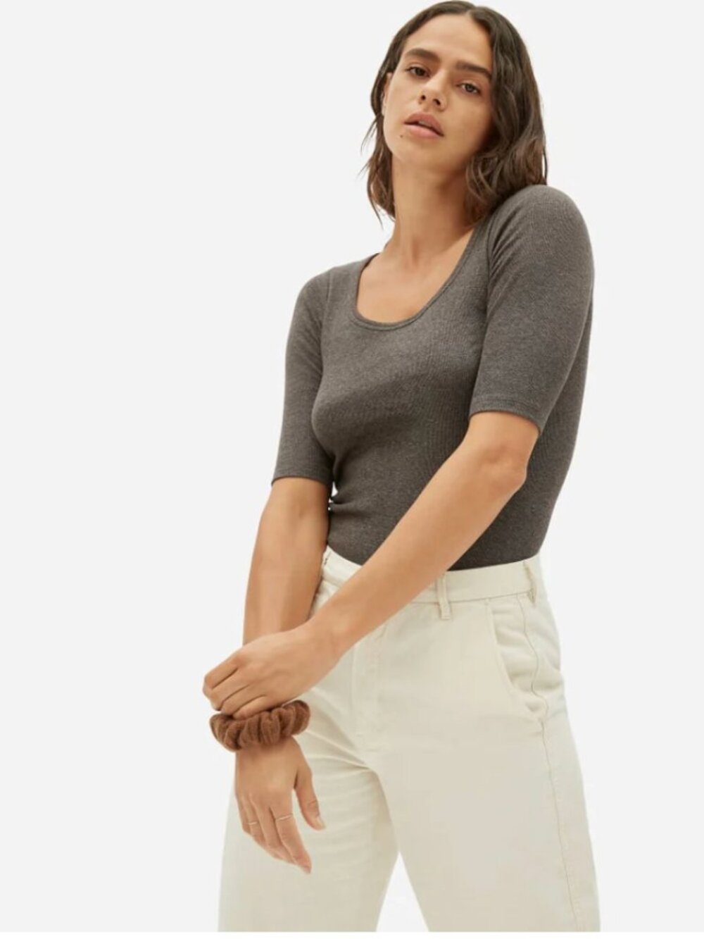 Everlane The Luxe Pima Micro-Rib Scoop-Neck Tee - Heathered Fatigue - M